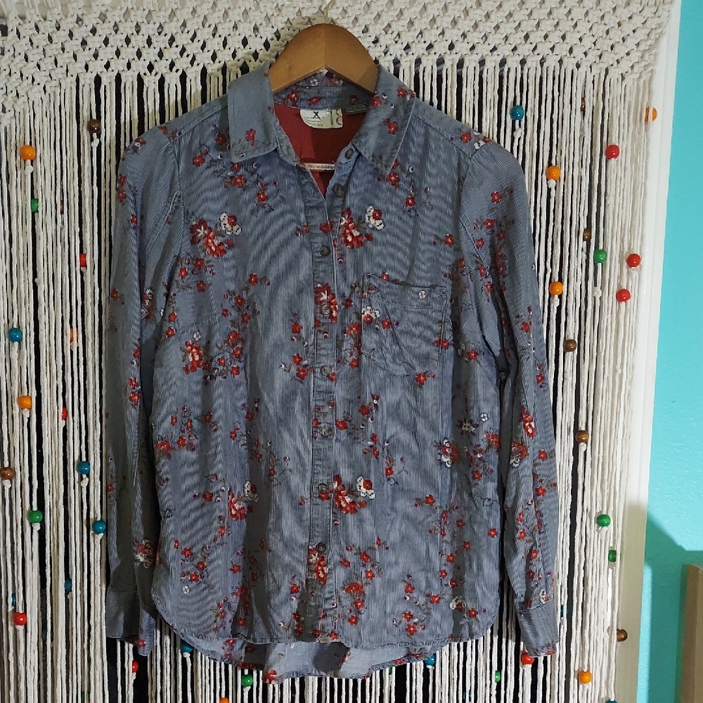 Anthropologie "Heart of Building" Blue Floral Corduroy Button-Up